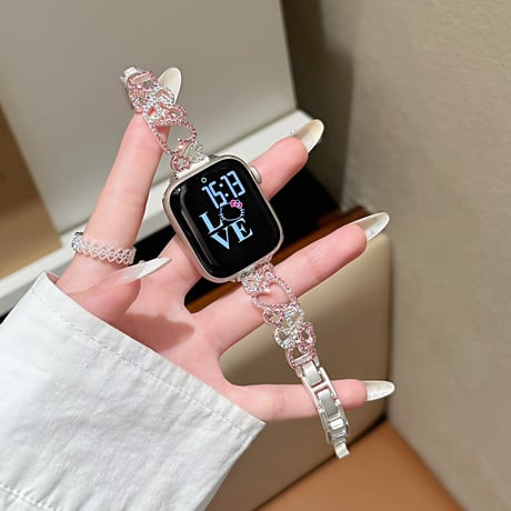 ダイヤデコハート アップルウォッチバンド メタル ブレスレット風 AppleWatchブレスレット Series11/10/9/8 SE3/2 通気性よい 高品質 [M6427]
