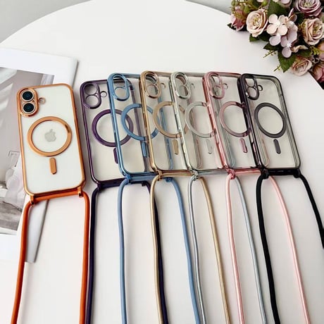 ショルダーストラップ付 iPhone17Pro/17ケース  メタルライン MagSafe対応 iPhone17ProMax/Airカバー カメラ保護 軽量 シンプル風[M5728]