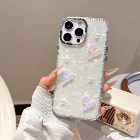 ハートデコ iPhone16pro/16カバー シェル柄 iPhone15pro/14promax/13ケース パール/ジュエリーデコ 上品 大人可愛い [M5314]