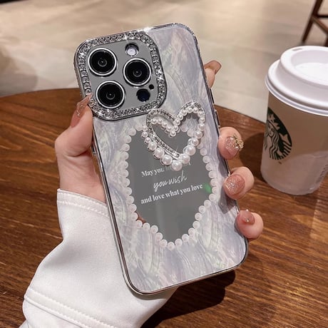 ジュエリー 鏡付 iPhone16/15proケース 真珠ハート iphone14/13/12proカバー 高級感 丈夫 ギフトにおすすめ[M3877]