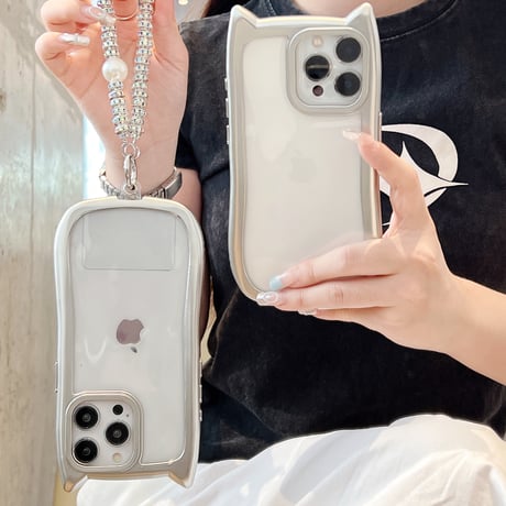 猫の耳 iPhone15pro/15promaxケース ストラップ付 アイフォン14プロ/13pro/12promaxカバー 黄ばまない 可愛い[M4309]