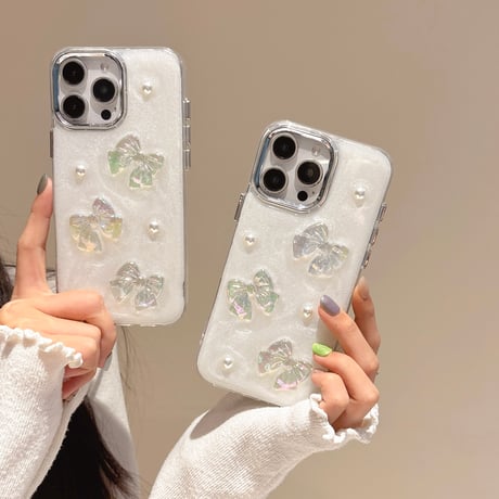 キラキラリボン iPhone16/16Proケース パールデコ iPhone15Pro/14/13/12カバー かわいい 女子力UP [M5018]