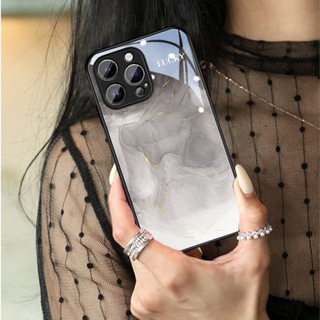 暈し染め ガラスiPhone14/15ケース  水墨画 金箔入り アイフォン13/12mini/11カバー キラキラ 全面保護 オシャレ シック[M2722]