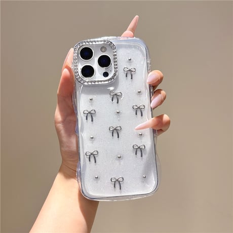 メタルリボン iPhone17/17Proケース うねうねライン ジュエリー iPhone16Pro/15/14ケース 透明 甘め [M6404]