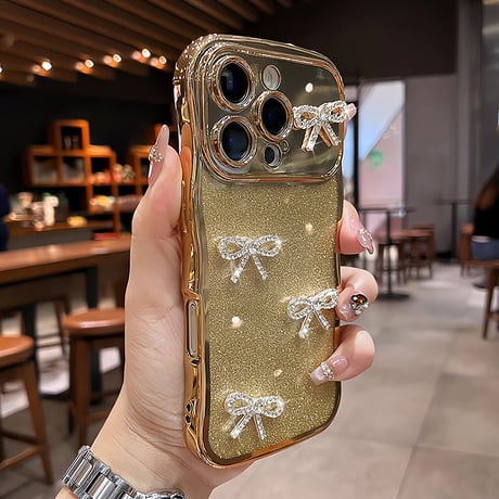 ダイヤリボン iPhone16/16Proケース うねうねライン ラメ iPhone15pro/14/13Promaxカバー 綺麗 艶感[M5515]