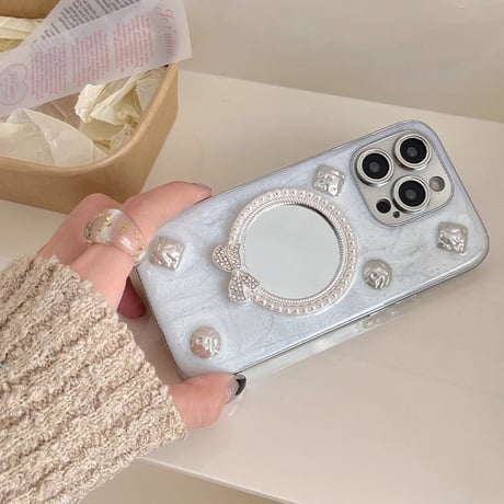鏡 iPhone15/15proケース パール/宝石 アイフォン14/13pro/12ケース かわいい 女子力高い[M4486]
