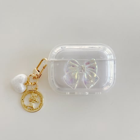 【Airpods4】キラキラリボン AirpodsPro2ケース ハートアクセサリー付 airpods3/2/1ケース  かわいい 耐衝撃クリアケース ギフトにおすすめ[M3073]