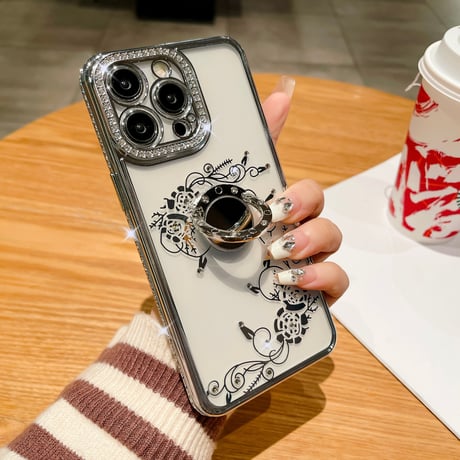 ジュエリー リング付 iPhone15/15proケース  薔薇柄  キラキラiphone13/12/14proカバー きれい 高機能 [M3846]