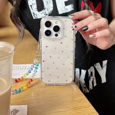 カラーハートデコ iPhone17/16proケース キラキラララメ iPhone15promax/14/13カバー クリスタルストラップ 黄ばまない[M5542]