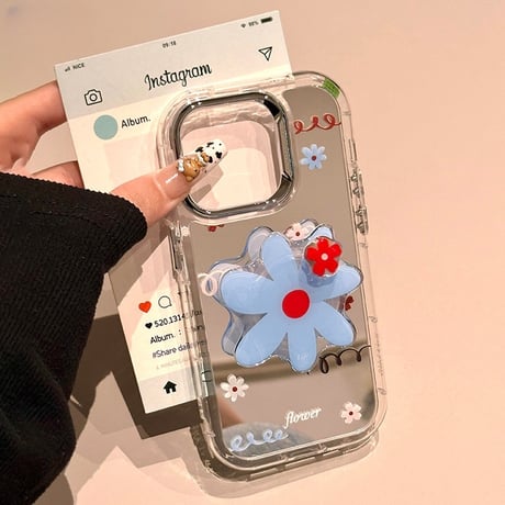 花柄 ミラー iPhone17pro/17ケース 花のグリップ iPhone16/15promax/14ケース かわいい 多機能便利[M6169]