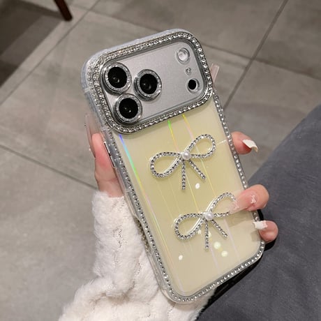 キラキラ光る iPhone17/17Proケース ジュエリーライン リボンデコ iPhone16Pro/15pro/14ProMaxケース カメラ保護[M6417]