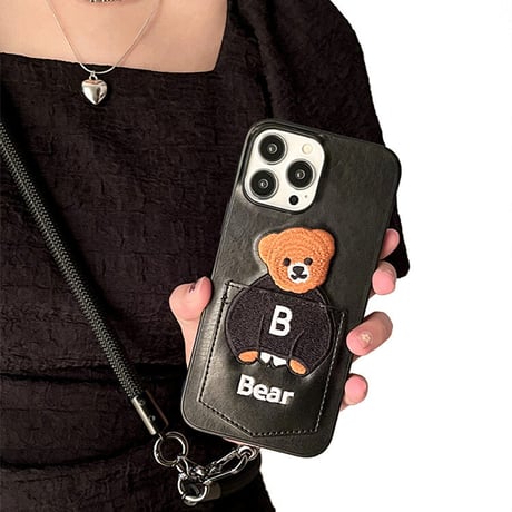 カード収納 iphone14Plus/13promaxケース 刺繡入りクマちゃんiphone12mini/11保護カバー  カップルお揃い 皮製 高品質[M2154]