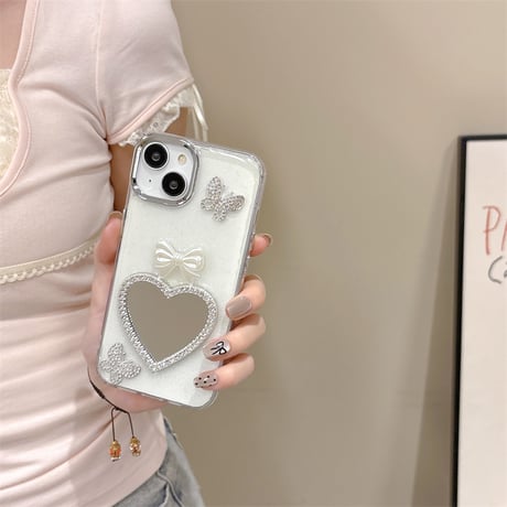ジュエリーハート鏡 iPhone15/15pro/15plusケース リボン/蝶 iPhone14/13pro/12ケース 女子力アップ 黄ばまない[M4507]