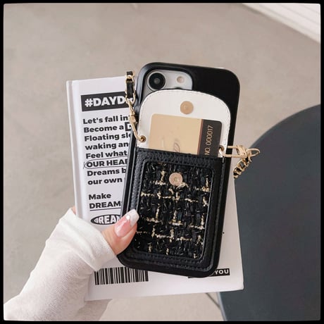 ツイードカード入れ iPhone15/14proケース セレブ愛用 レザーアイフォン12/13pro/11カバー ショルダーストラップ付 高級感 [M3497]