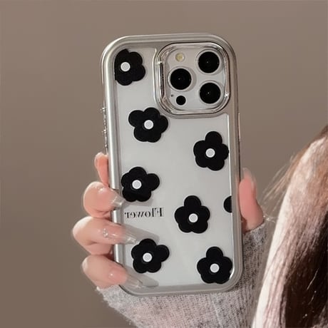 黒花 iPhone15/15proケース 高級感 アイフォン14promax/13proカバー 女子力高い かわいい[M4549]