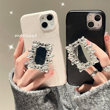 ダイヤモンドミラーグリップ iPhone14/14proレザーケース  シック オシャレアイフォン13/12/11スマホケース 実用 スタンド 高級感[M2625]