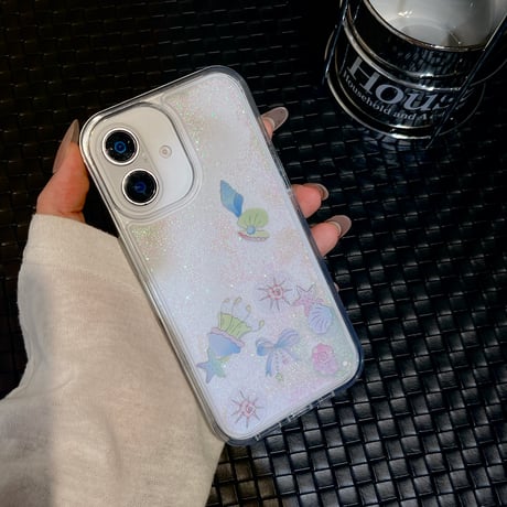 液体ラメ iPhone16pro/16ケース 動くヒトデ/シェル iPhone15pro/14/13promaxカバー 可愛い ギフトにおすすめ 夏に人気[M5481]