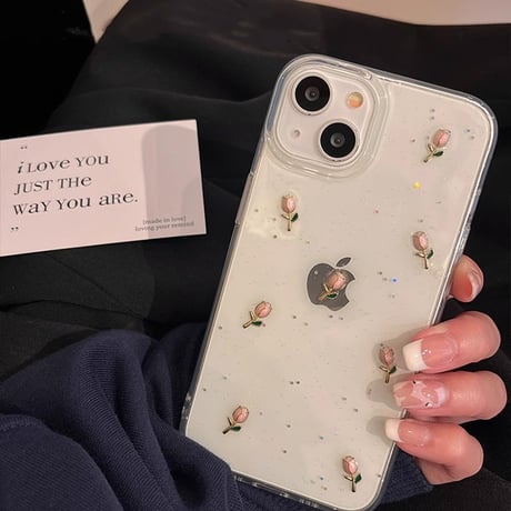 立体花 アイフォン15/15proケース 韓国風  バレエシューズストラップ付iphone14pro/13/12カバー キラキララメ 黄ばまない[M4109]