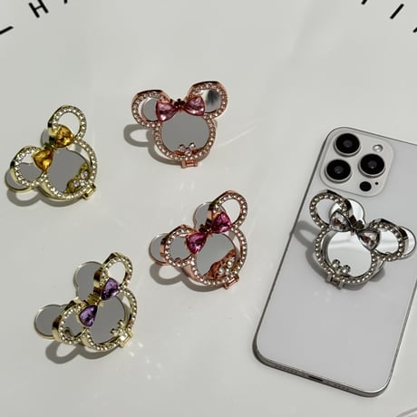 ジュエリーミラースタンド スマホリング キラキラ リボン お洒落 人気 実用便利 可愛いガールズに大人気[M5326]