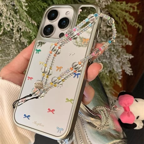 リボン ミラー iPhone16/16Proケース ストラップ付 iPhone15Pro/14/13 大人可愛い 丈夫[M4730]