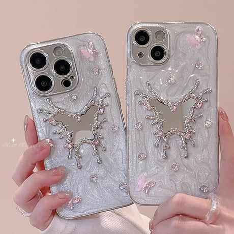 蝶ミラー iPhone16Pro/16ケース 宝石デコ iPhone15pro/14/13/12カバー カメラ保護 おしゃれ [M4710]