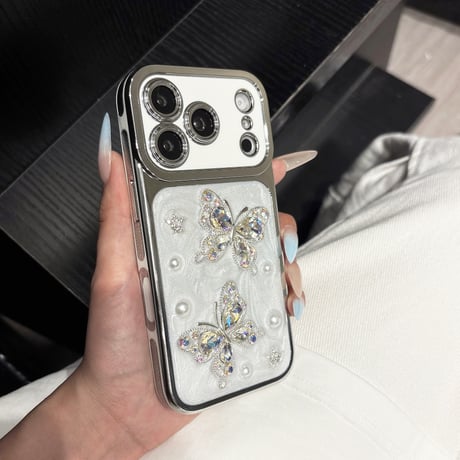 ダイヤ蝶 iPhone17Pro/17ケース パール iPhone16/15Pro/14ケース 豪華 オシャレ キラキラ感 [M6294]