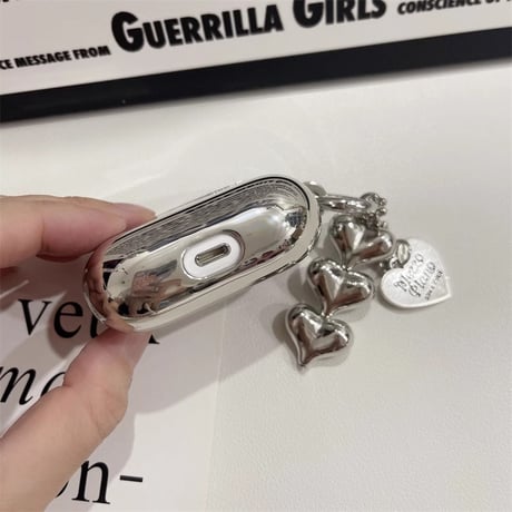 ハートチャーム Airpods 4ケース ショルダーチェーン  Airpodspro2/proカバー Airpods3/2 つや感シルバー オシャレ[M4754]