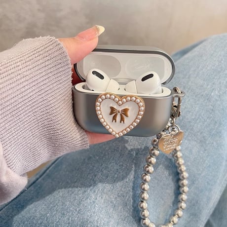 パープルリボン Airpods 4ケース エアーポッズ3/2 金属ビーズストラップ AirpodsPro2/1カバー エレガント めっちゃ可愛い[M4737]
