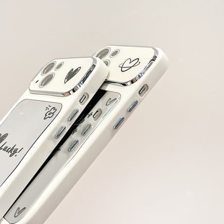 韓国風 鏡付iPhone15/15プロカバー Lucky/Happy iPhone14pro/13/12ケース お揃い 便利 [M4364]