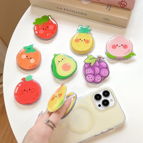 可愛い MagSafe対応スマホグリップ にこちゃん果物 磁石グリップ マグネット式スタンド 便利 ギフトにおすすめ[M4326]