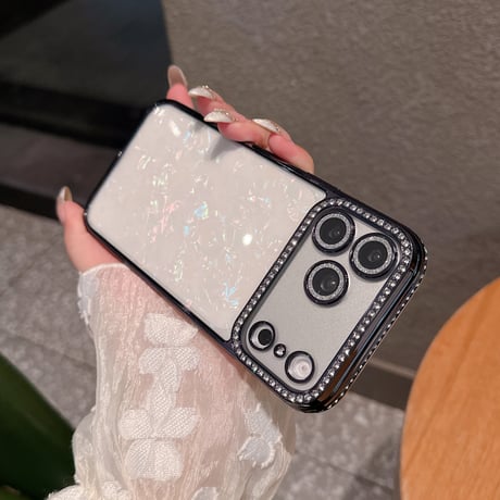 ジュエリーライン iPhone17Pro/17ケース シェル柄 iPhone16/15ProMax/14ケース ラグジュアリー感 キラキラ感 レンズ保護[M6252]