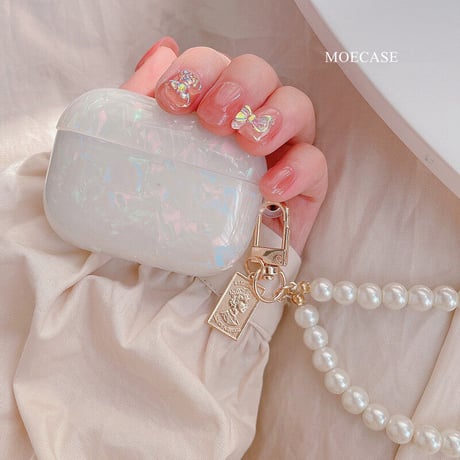 貝殻模様 airpods3ケース オシャレ 真珠ストラップ/小物付 airpodsproカバー  艶カラー 可愛い ガールズに人気M1305