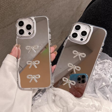 ジュエリーリボン iPhone16pro/16カバー メイク鏡付 iPhone15ptomax/14pro/13ケース おしゃれ 上品 可愛い [M5124]