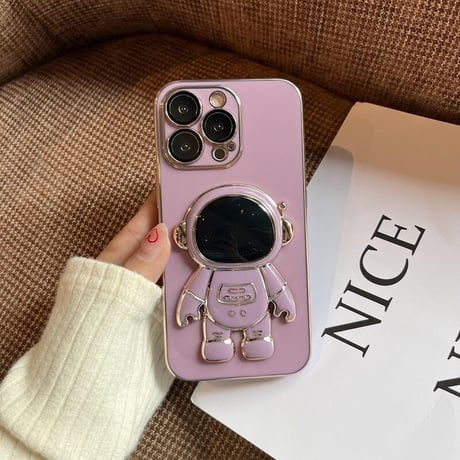 宇宙飛行士グリップ iphone14/13promaxケース ツヤ感金色枠 iphone12mini/SE3/11カバー  高級感  保護力強いソフトケース 落下防止 スタンド機能あり[M1982]