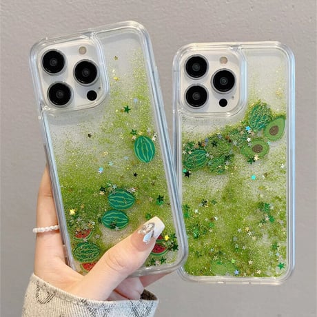 流れるグリッター/スイカ/アボカド iPhone14/13miniケース 液体 キラキラアイフォン12mini/11pro/SE3カバー 面白い お揃い 頑丈 夏に人気  [M3323]
