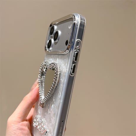 ハート型ミラースタンド iPhone17Pro/17ケース シェル風 艶感 iPhone16/15Pro/14ProMaxカバー 高機能 おしゃれ [M6386]