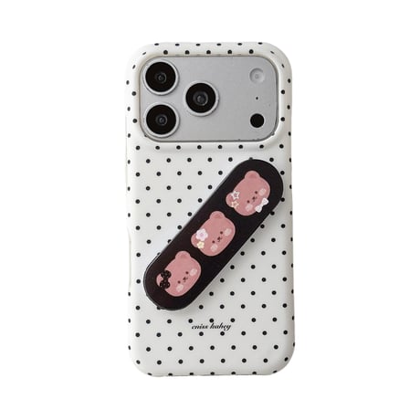 クマちゃんバンドエイドスタンド iPhone17/17Proケース 水玉模様 iPhone16Pro/15/14ケース 可愛い便利  [M6433]