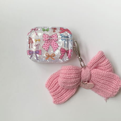 リボン柄 AirpodsPro3ケース ニットリボンキーホルダー付き Airpods4/3/Pro2ケース  女子力高い  可愛いギフト[M5758]