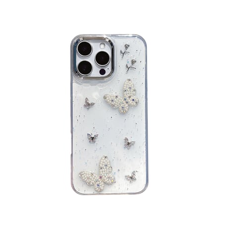 パール/ジュエリー蝶々 iPhone16/16Proケース  ストラップ付 iPhone15Pro/14/13proカバー 華やか キラキラ 高品質 [M5150]