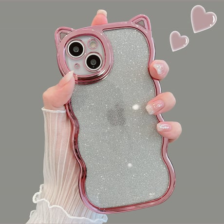 猫の耳 iPhone17pro/17ケース ラメ入りシール付き アイフォン16/15pro/14/13カバー オシャレ 可愛いうねうね メッキ [M2403]