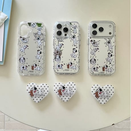 ダルメシアン 鏡付 iPhone17pro/17ケース グリップ付き iPhone16/15promax/14ケース かわいい 多機能便利[M6217]