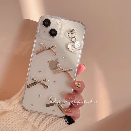 女子力アップ iPhone16/15proケース リボン/ハートデコ iPhone14/13pro/12クリアケース かわいい きれい[M3898]