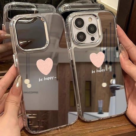 インスタ人気 鏡iPhone16pro/16plusケース be happyピンクハート柄 iPhone15promax/14/SEカバー 頑丈 メイク直しに便利[M5452]