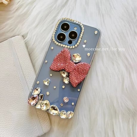 ジュエリーリボン iPhone14/15Proケース キラキラ オシャレデコiPhone13/12/11カバー 綺麗 豪華 女子力アップ ギフトにおすすめ[M2669]