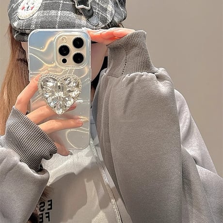ハートダイヤグリップ iPhone15pro/15ケース オーロラカラー iPhone14pro/13/12proカバー おしゃれ 女子力アップ[M4210]