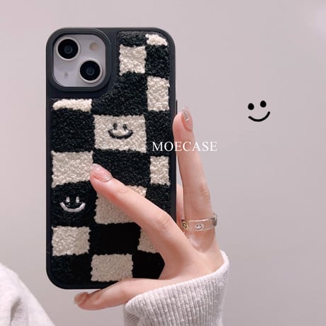 刺繡 にこちゃん iphone14pro/14plusケース  チェック柄 iphone13/12/11カバー 可愛い 秋冬グッズ 手さわりいい[M2347]