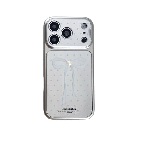 リボン柄ミラー iPhone17pro/17ケース パールデコ 水玉模様 iPhone16/15proケース 可愛い毛玉ストラップ 女子力高い[M6055]