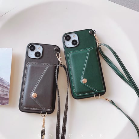 カードポケット付 アイフォン14/15ケース レザー iPhone13/12/11proカバー 長さ調整可ストラップ 高級感 便利 ファッション[M2815]