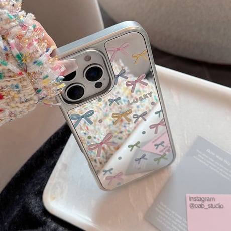リボン柄 iPhone16pro/16ケース メイク直し鏡 iPhone15/14promax/13proケース 春夏向け 大人可愛い 丈夫[M5213]