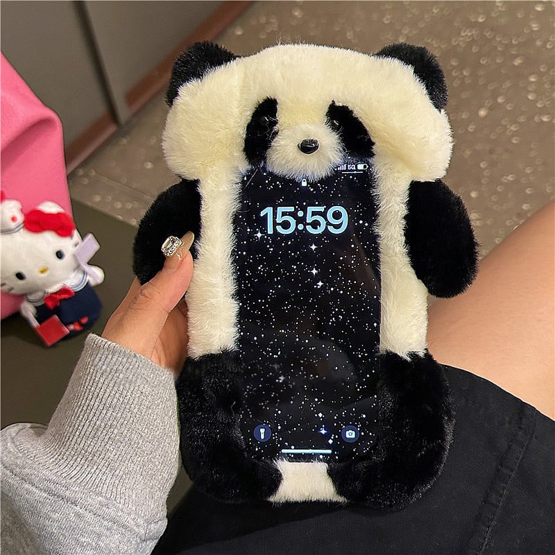 パンダぬいぐるみ iphone15/15proケース ふわふわファー